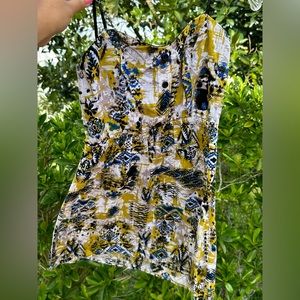 Patterned Strapless dress with button detailing, cinched waist and stretch top